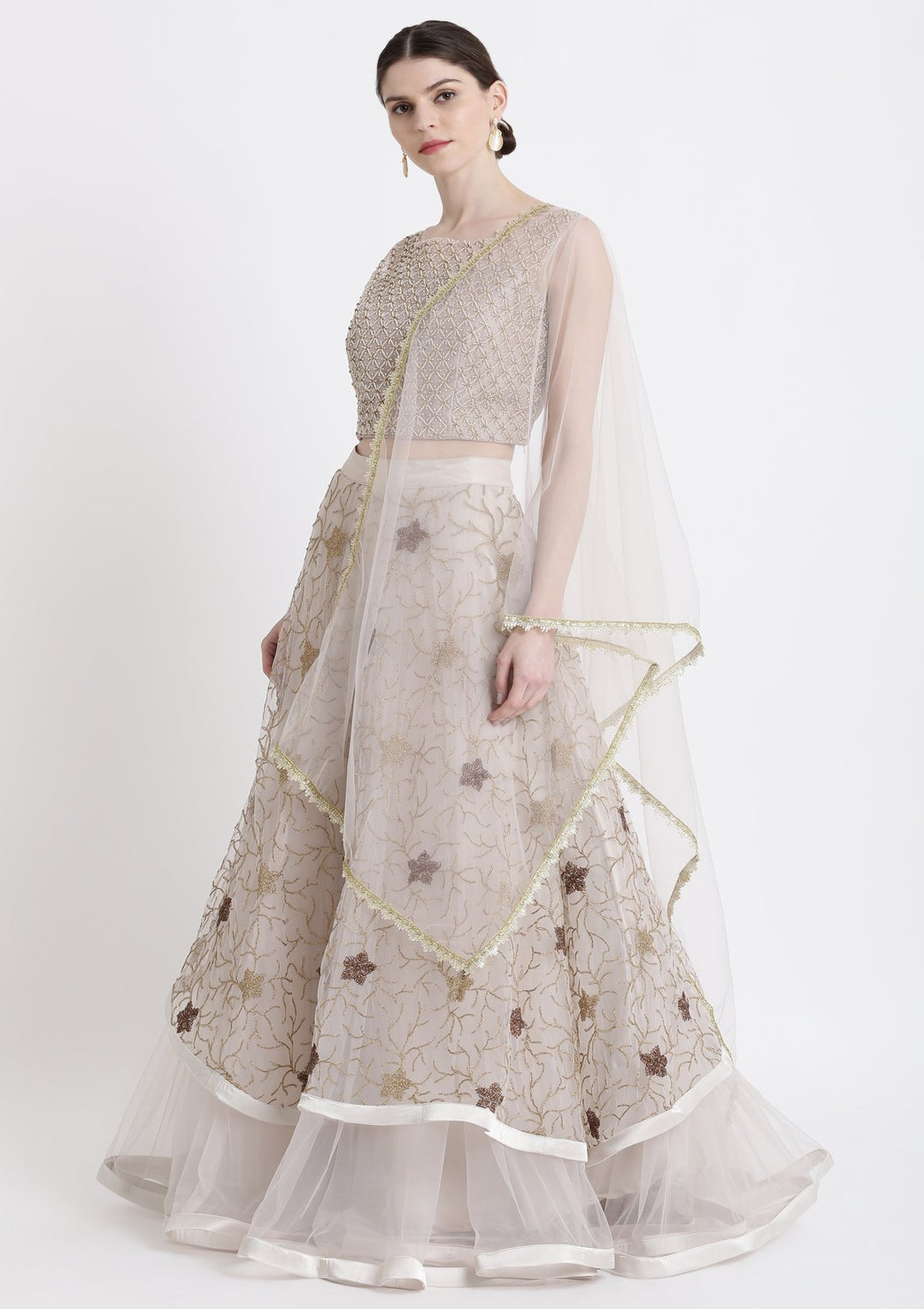 Light Grey Pearlwork Net Designer Lehenga-Koskii