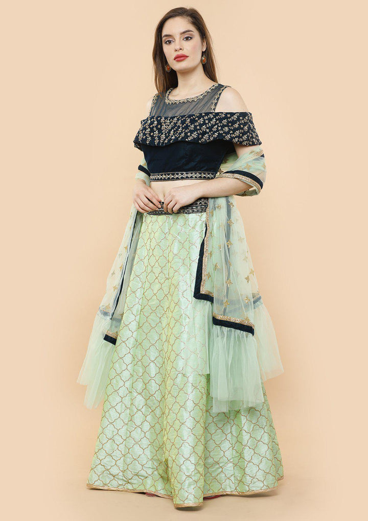koskii green and blue velvet lehenga-Koskii