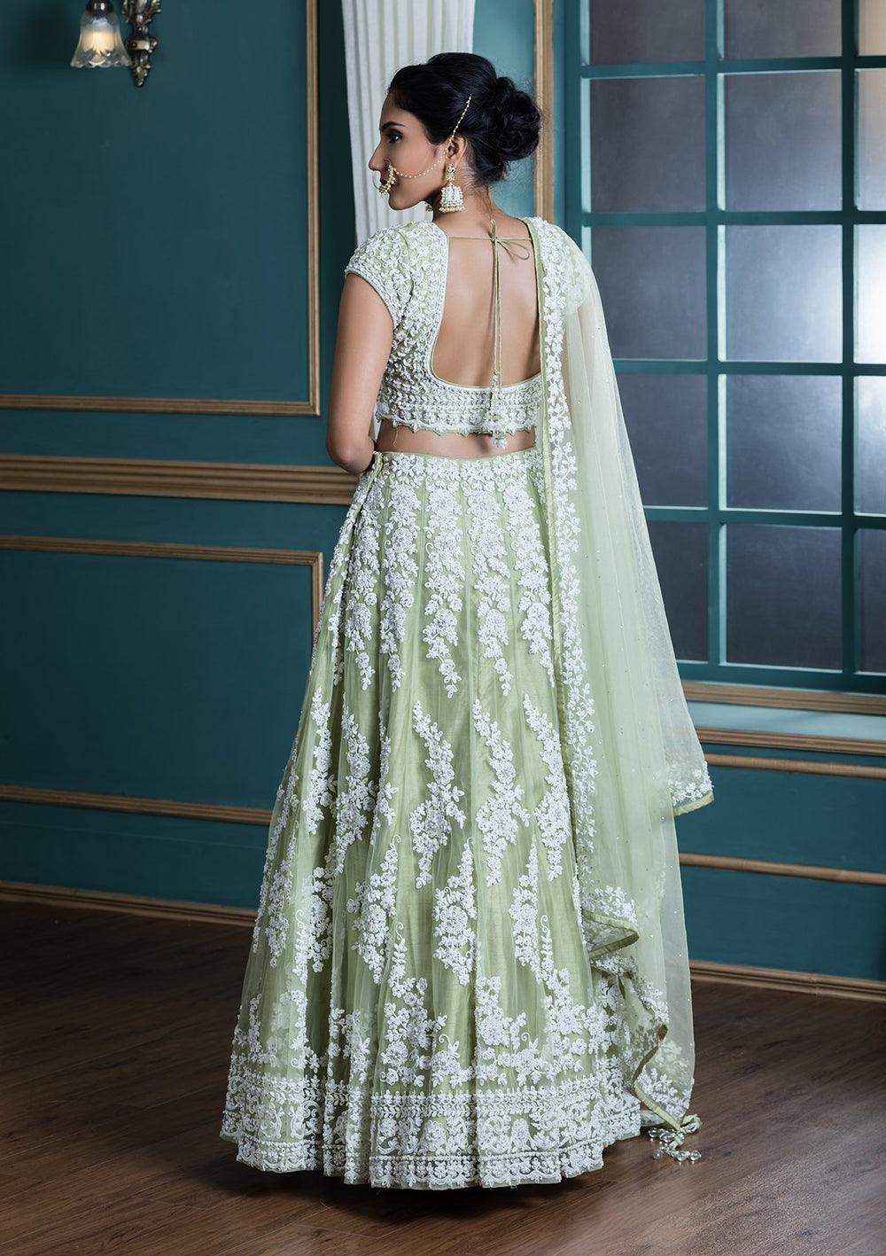 Green Stone Embellished Net Designer Lehenga-Koskii