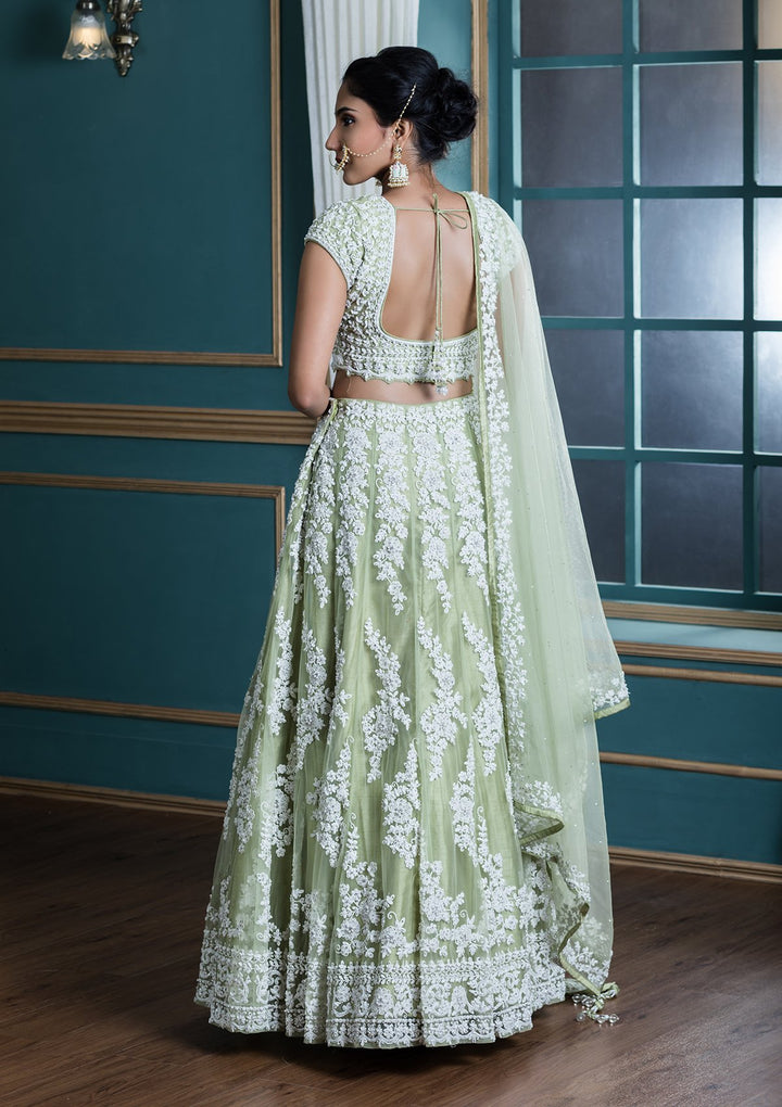 Green Stone Embellished Net Designer Lehenga-Koskii
