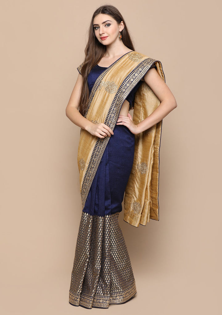 Beige and Blue Zari Work Chiffon Designer Saree-Koskii
