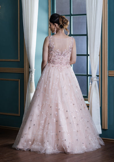 Peach Stone Work Net Designer Gown-Koskii