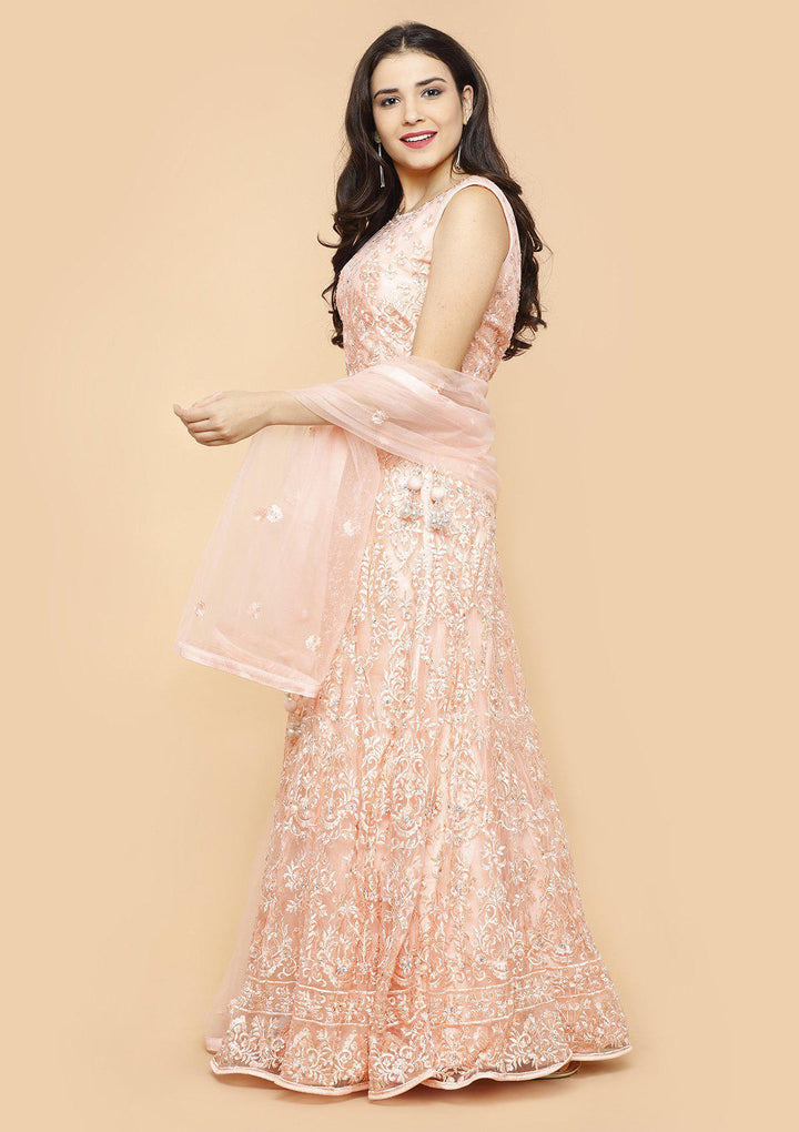 Peach Threadwork Net Designer Lehenga-Koskii