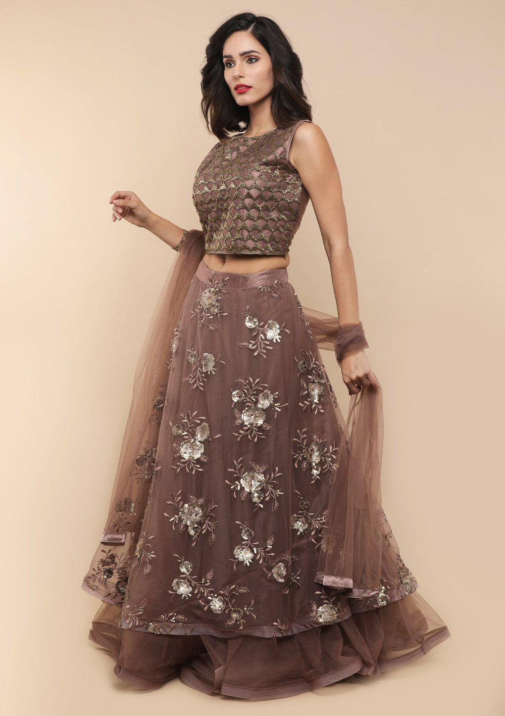 Dark Mauve Floral Net Designer Lehenga-Koskii