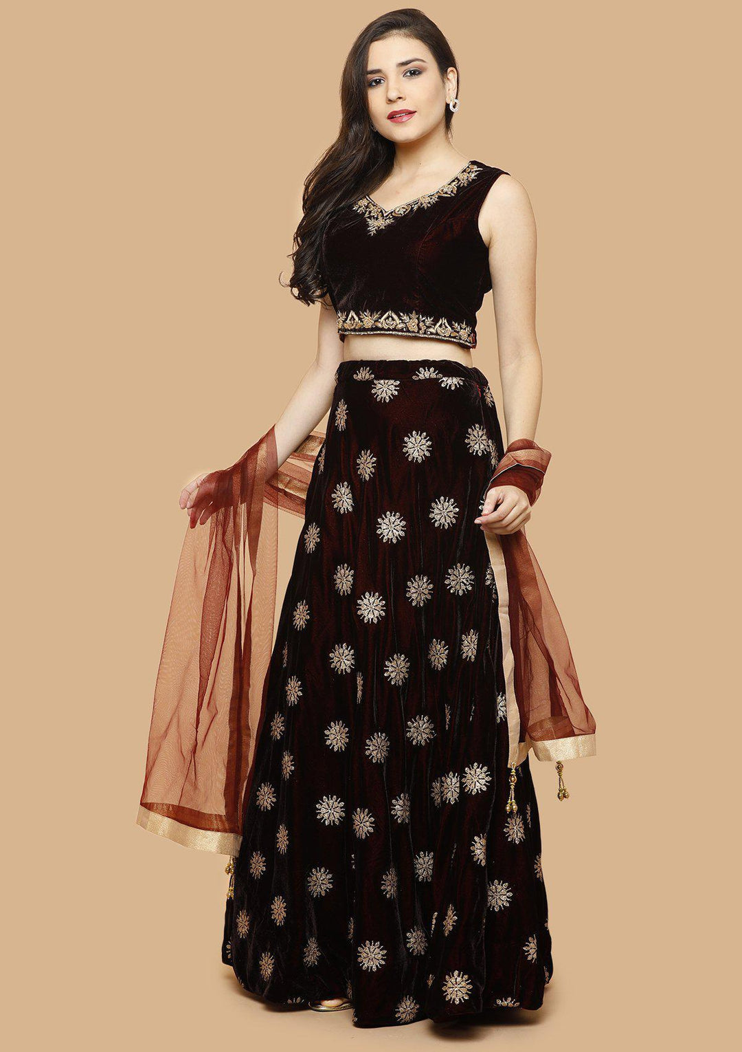 Maroon Embellished Velvet Designer Lehenga-Koskii
