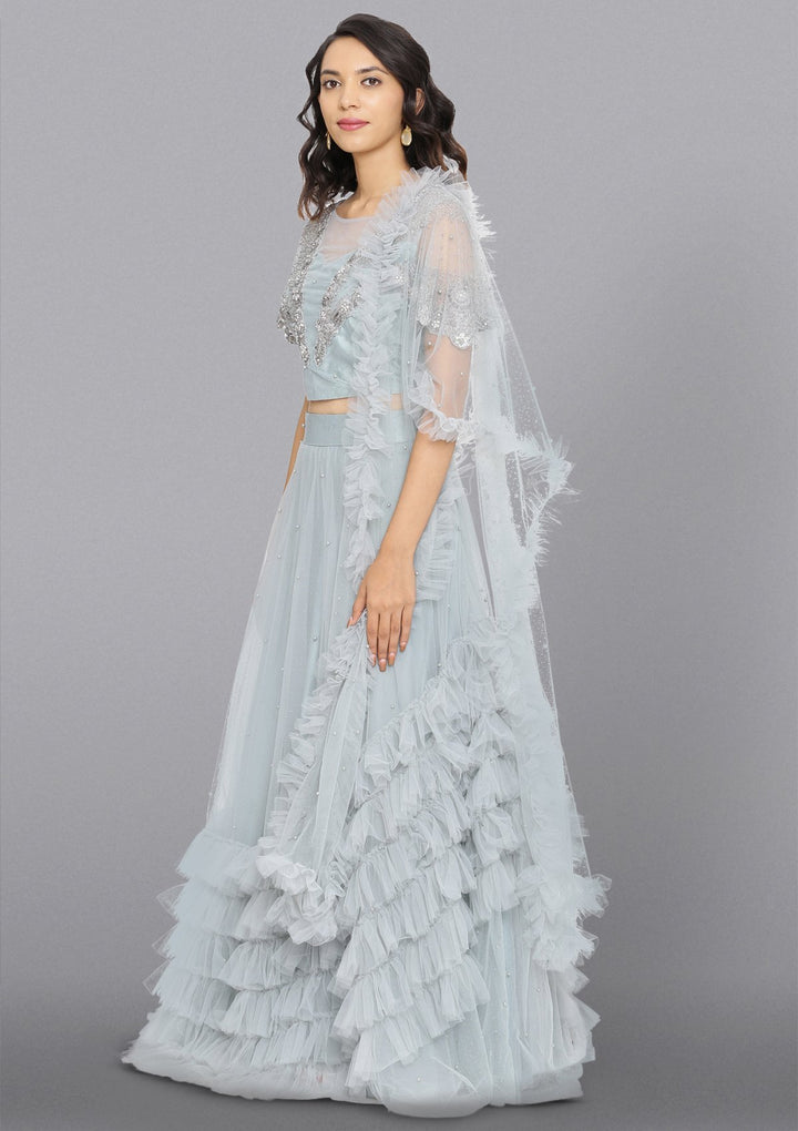 Light Grey Cutdana Net Designer Lehenga-Koskii