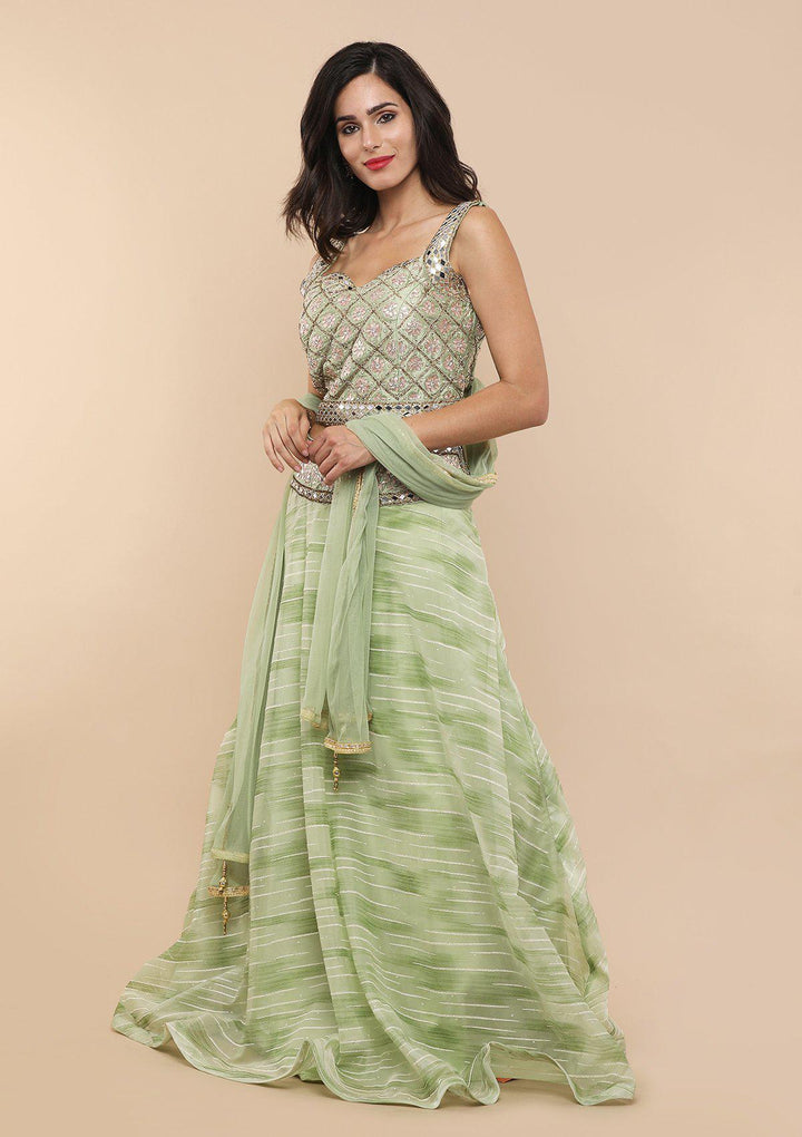 Green Mirror-Work Tissue Designer Lehenga-Koskii