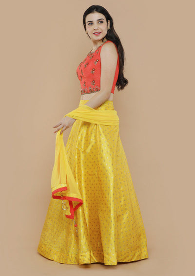 Pink and Yellow Brocade Designer Lehenga-Koskii