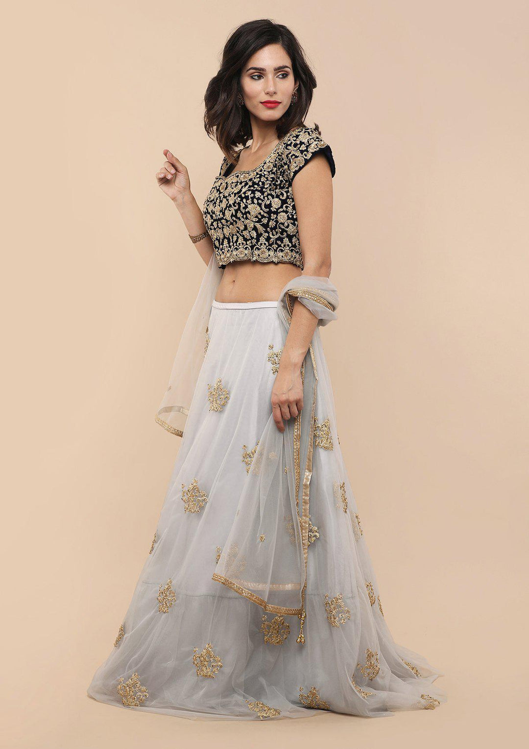 Grey Thread Work Velvet Designer Lehenga-Koskii