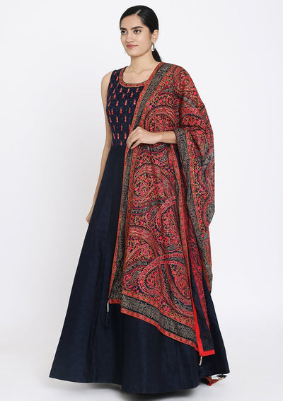 Navy Blue Swarovski Raw Silk Designer Gown - koskii