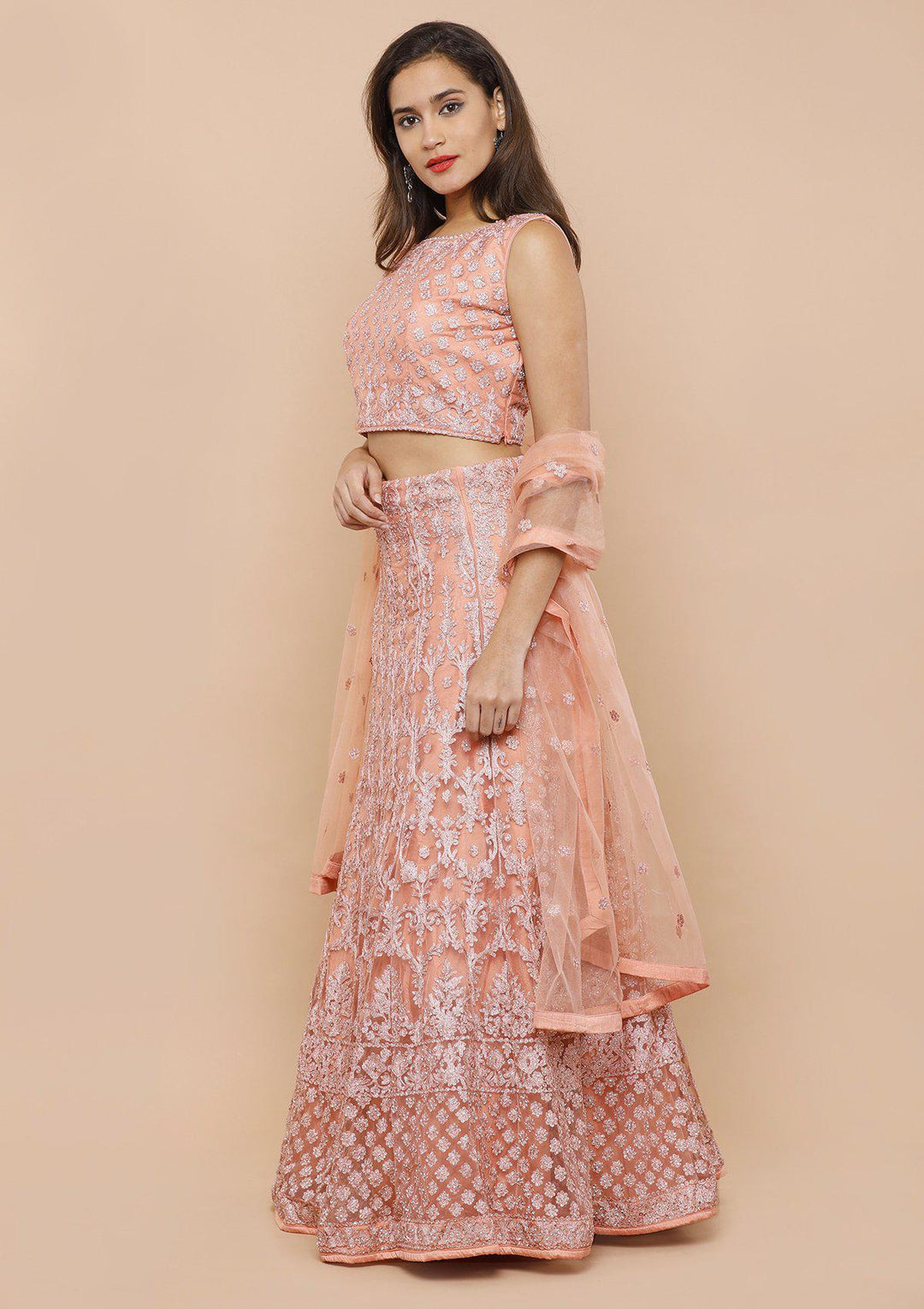 Peach Threadwork Net Designer Lehenga-Koskii