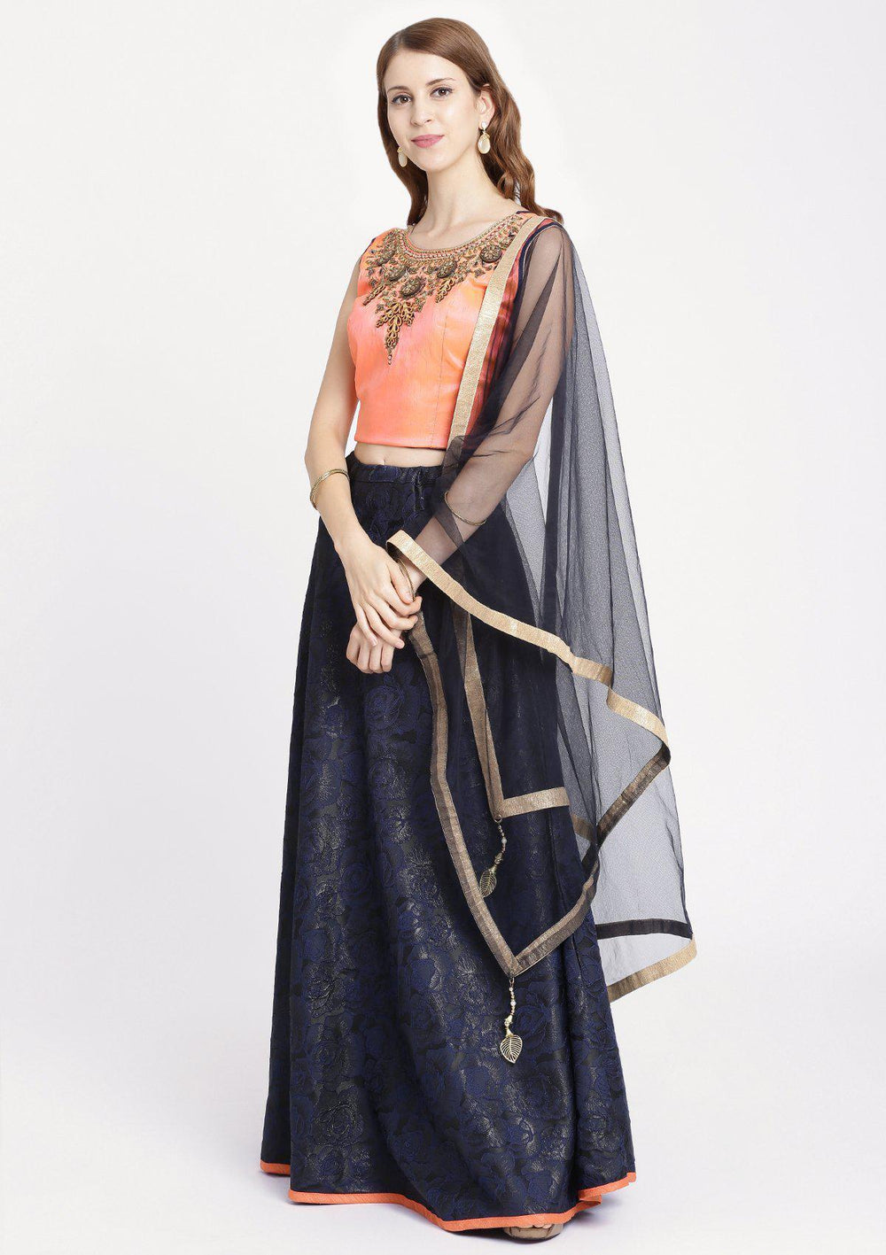 Navy Blue Pearlwork Rawsilk Designer Lehenga-Koskii