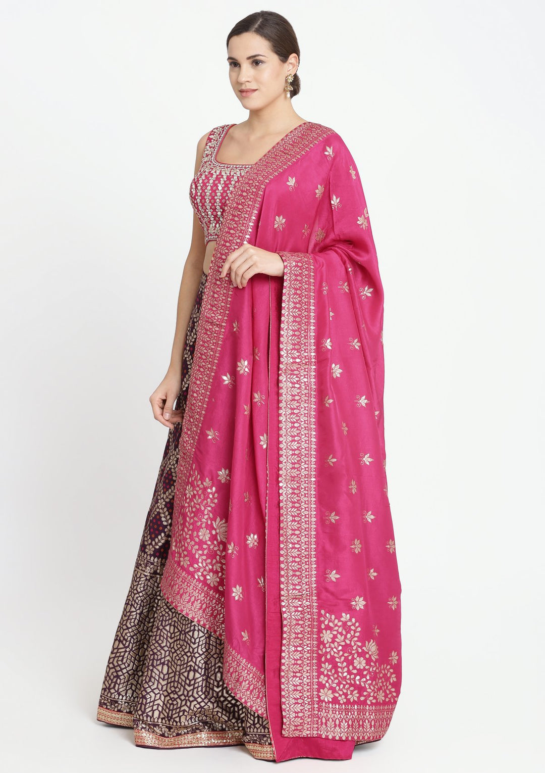 Wine and Fuschia Gotapatti Brocade Designer Lehenga-Koskii
