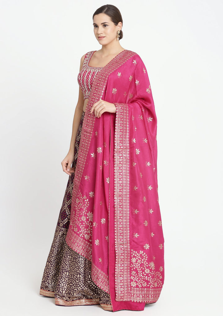 Wine and Fuschia Gotapatti Brocade Designer Lehenga-Koskii