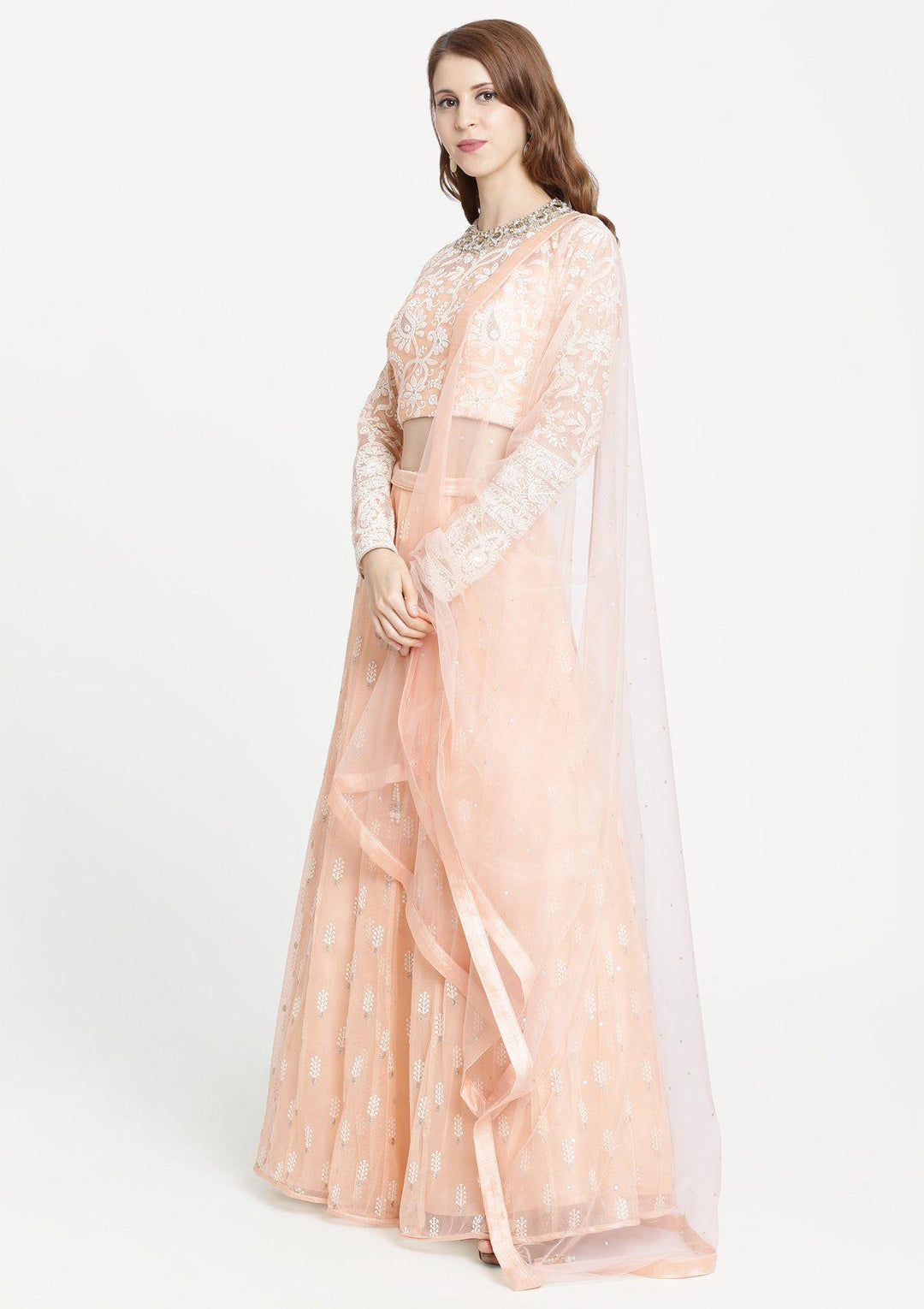 Peach Threadwork Net Designer Lehenga-Koskii