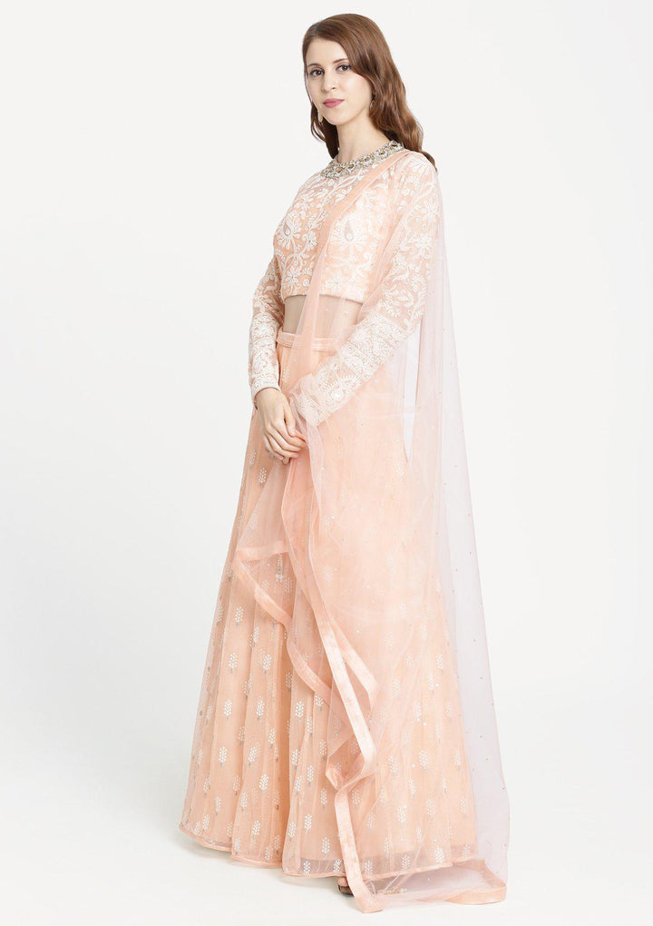Peach Threadwork Net Designer Lehenga-Koskii