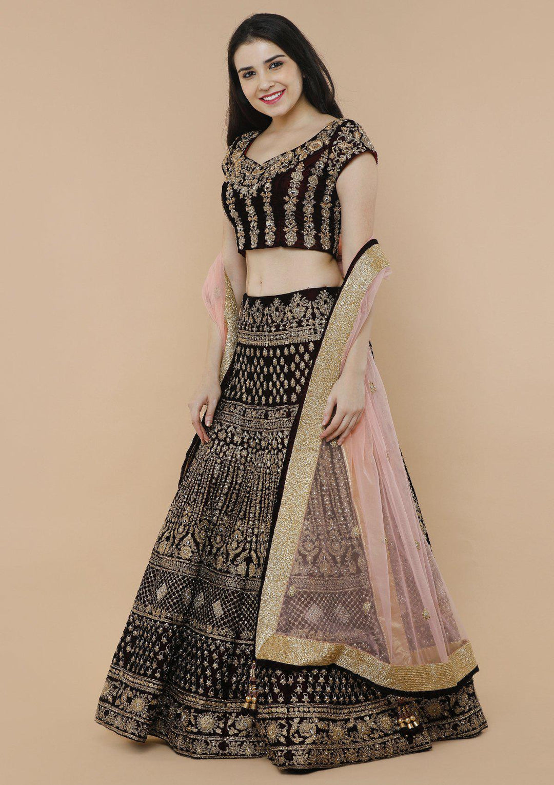 Maroon and Pink Embellished Velvet Designer Lehenga-Koskii