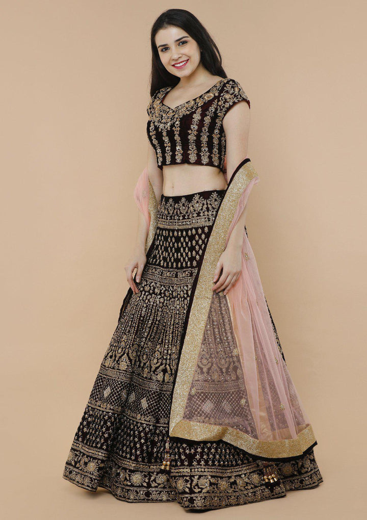 Maroon and Pink Embellished Velvet Designer Lehenga-Koskii