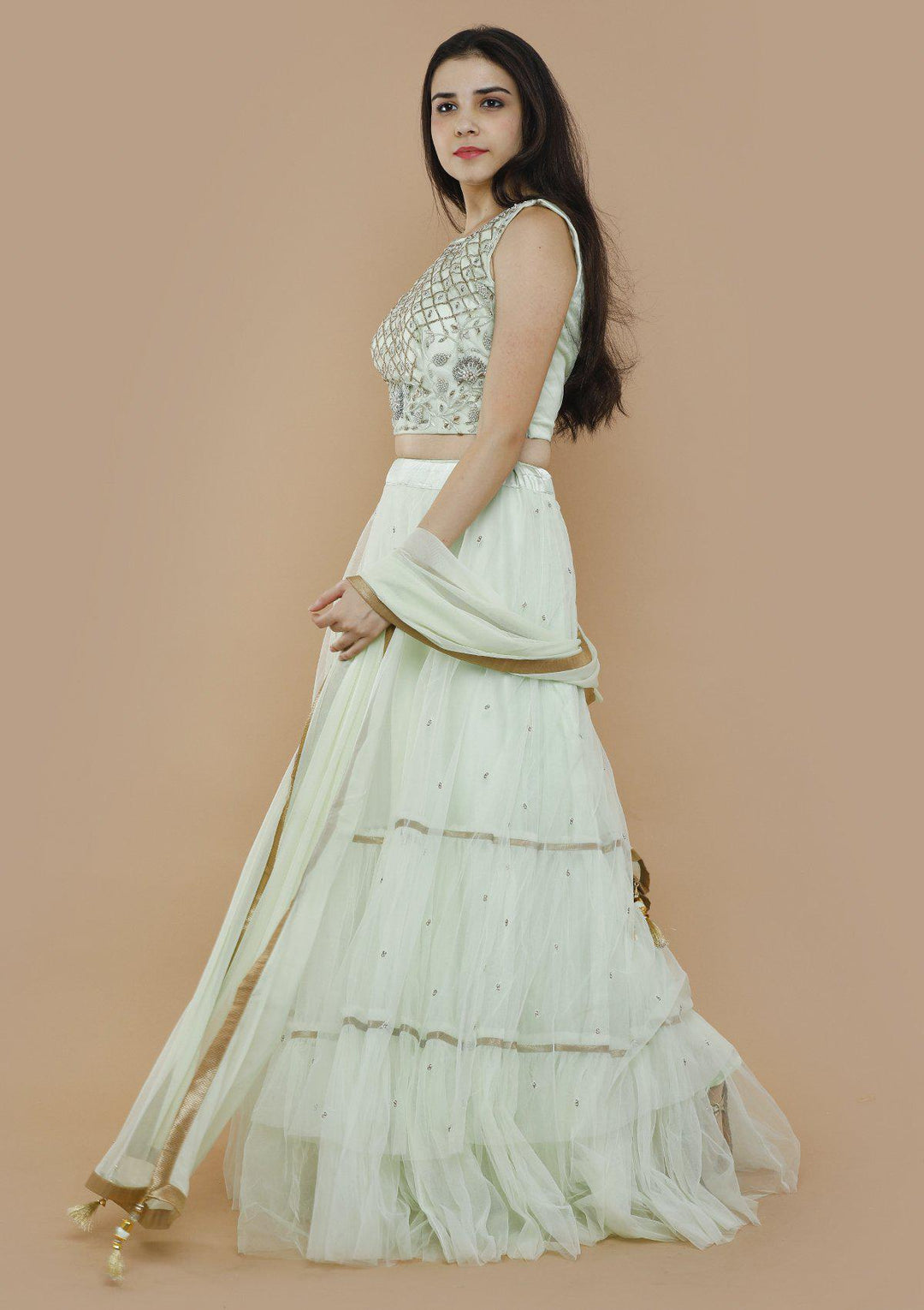 Mint Green Chequered Pearl Designer Lehenga-Koskii