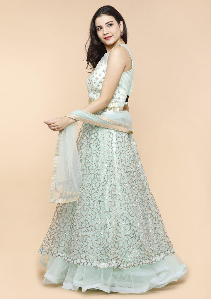 Sea Green Sequinned Designer Lehenga-Koskii