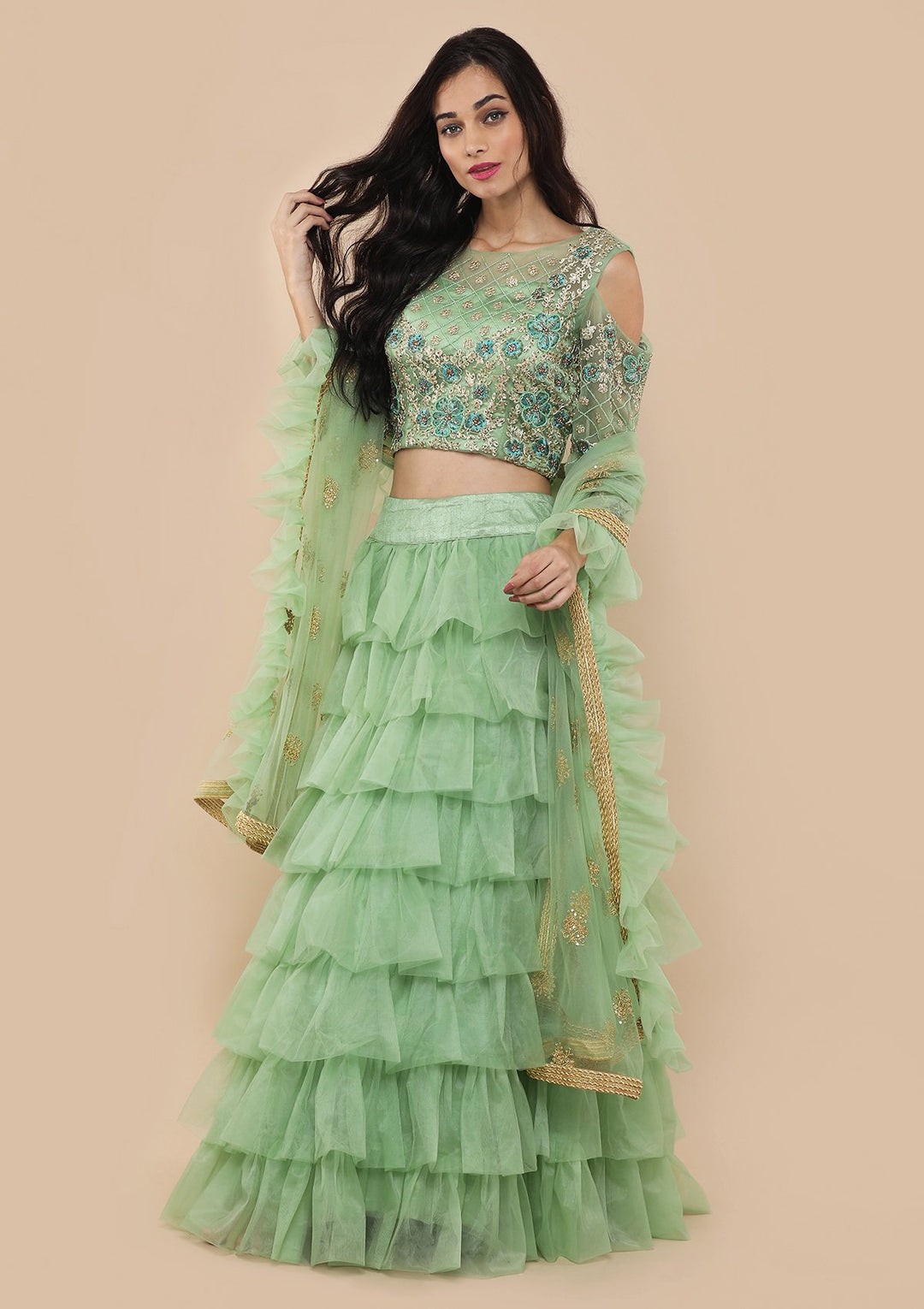 Pista Green Zari Work Net Designer Lehenga-Koskii