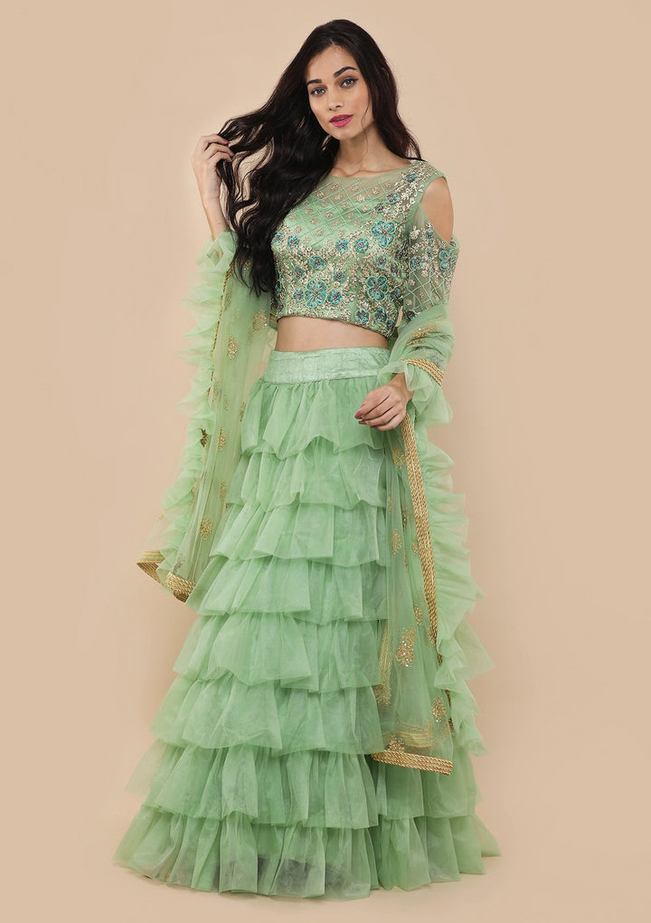 Pista Green Zari Work Net Designer Lehenga-Koskii