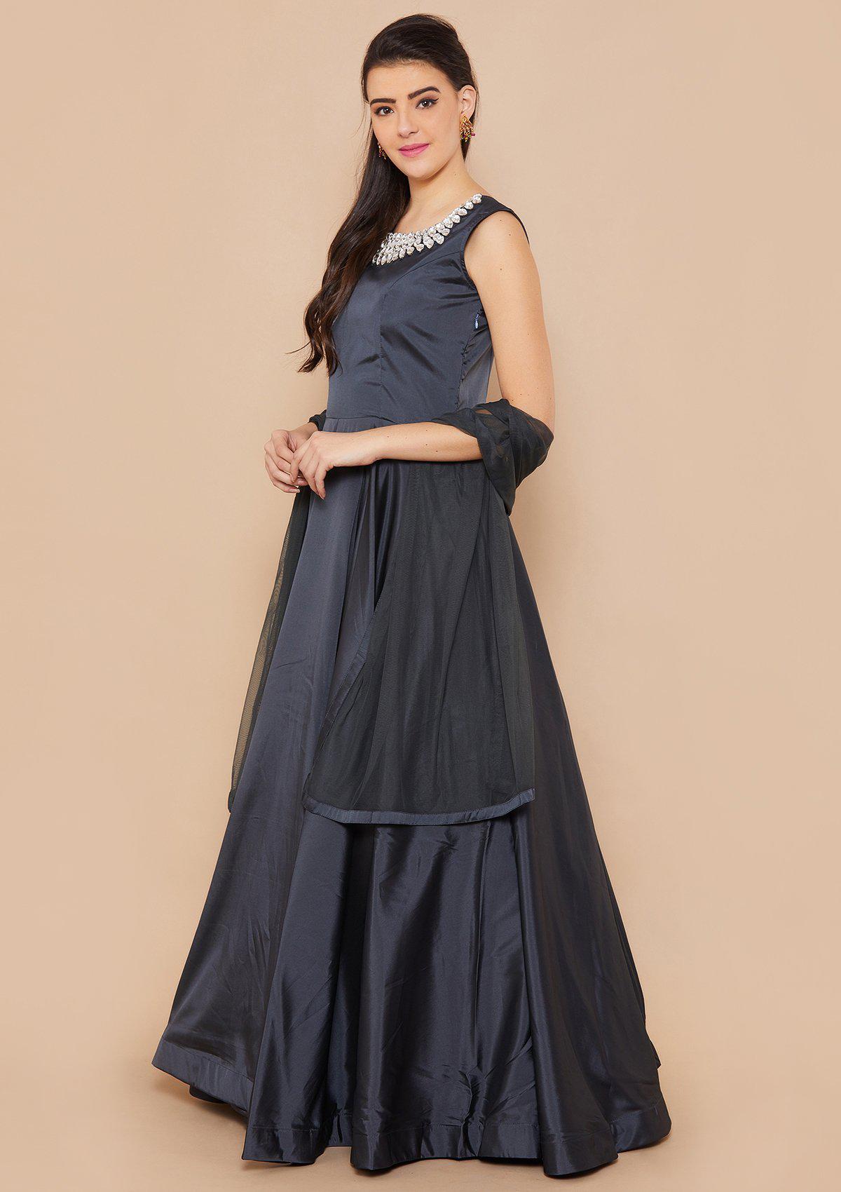 Grey Stonework Taffeta Silk Designer Gown-Koskii