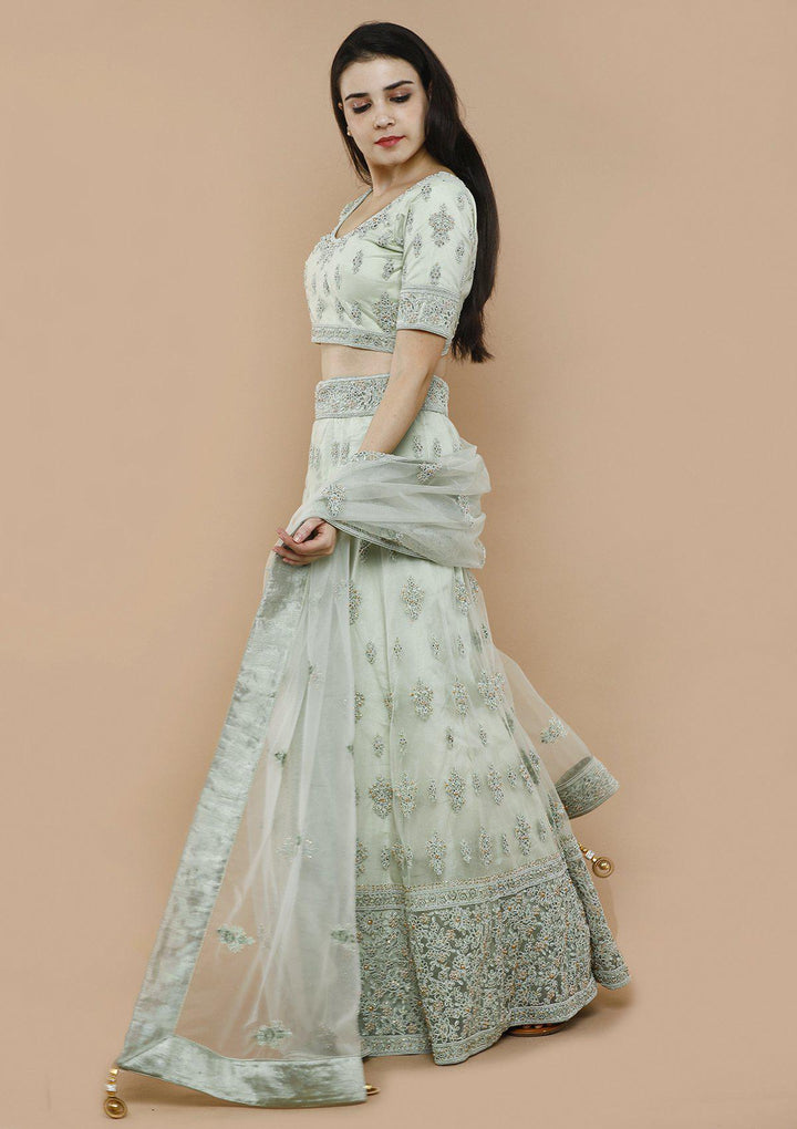 Fern Green Threadwork Silk Designer Lehenga-Koskii
