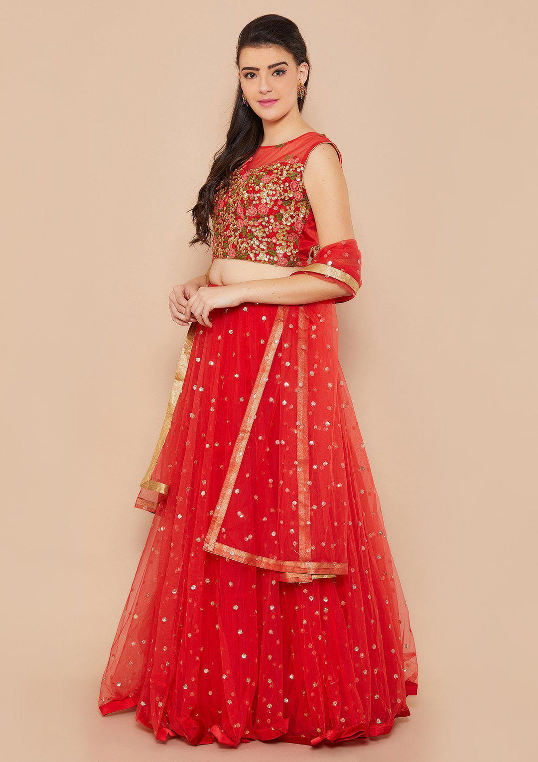 Crimson Zariwork Net Designer Lehenga-Koskii