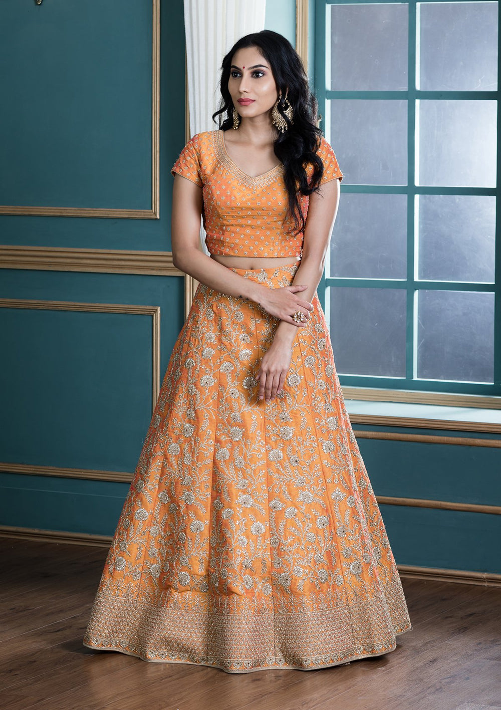 Mustard Yellow Stone Work Silk Designer Lehenga-Koskii