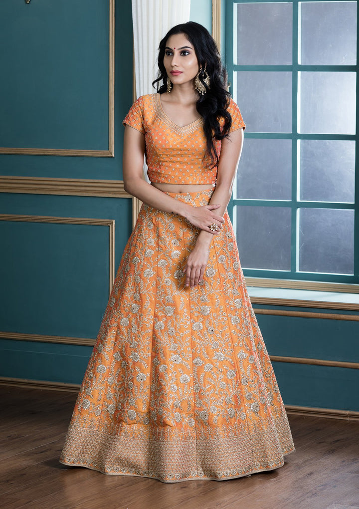 Mustard Yellow Stone Work Silk Designer Lehenga-Koskii