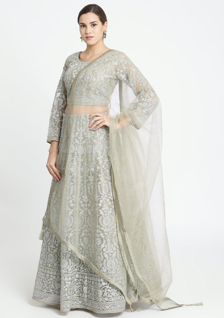 Light Olive Green Zariwork Net Designer Lehenga-Koskii