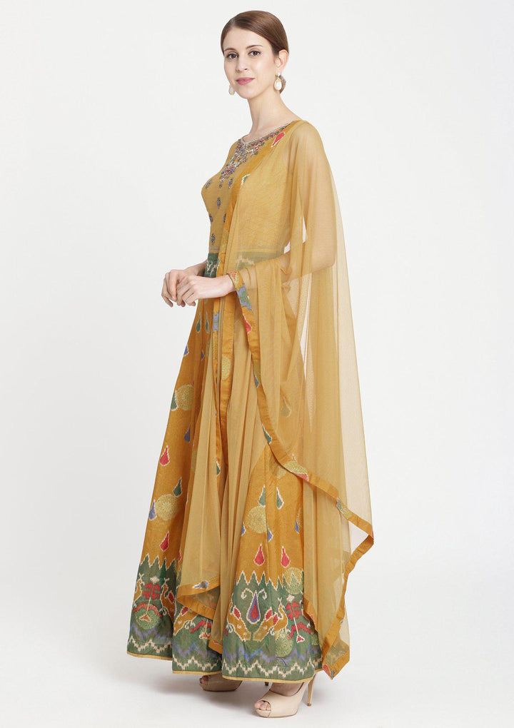 Mustard Stonework Banarasi Designer Gown-Koskii