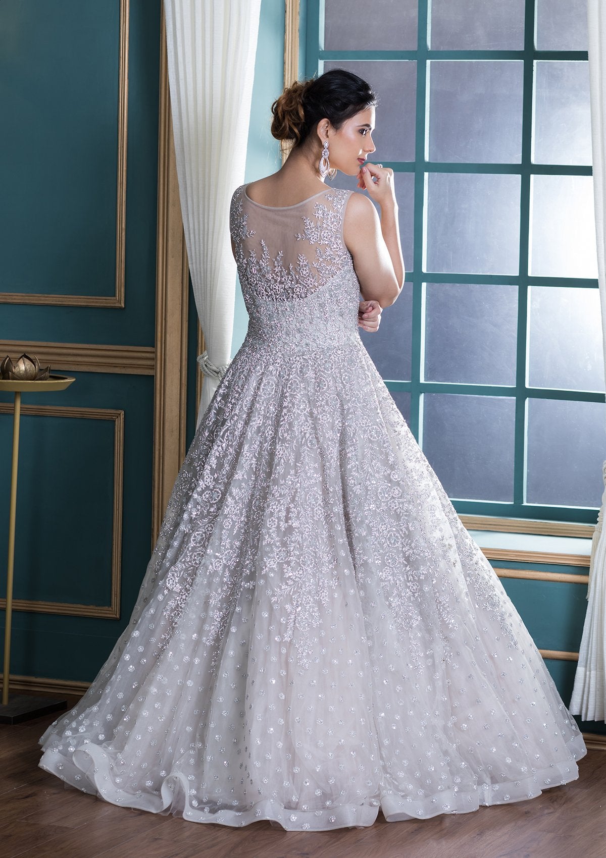White Zardozi Work Net Ball Gown-Koskii