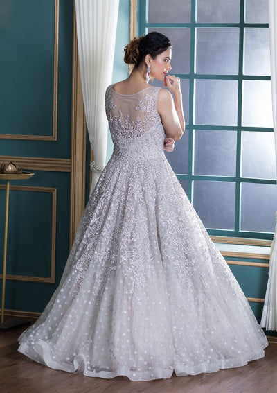White Zardozi Work Net Ball Gown-Koskii