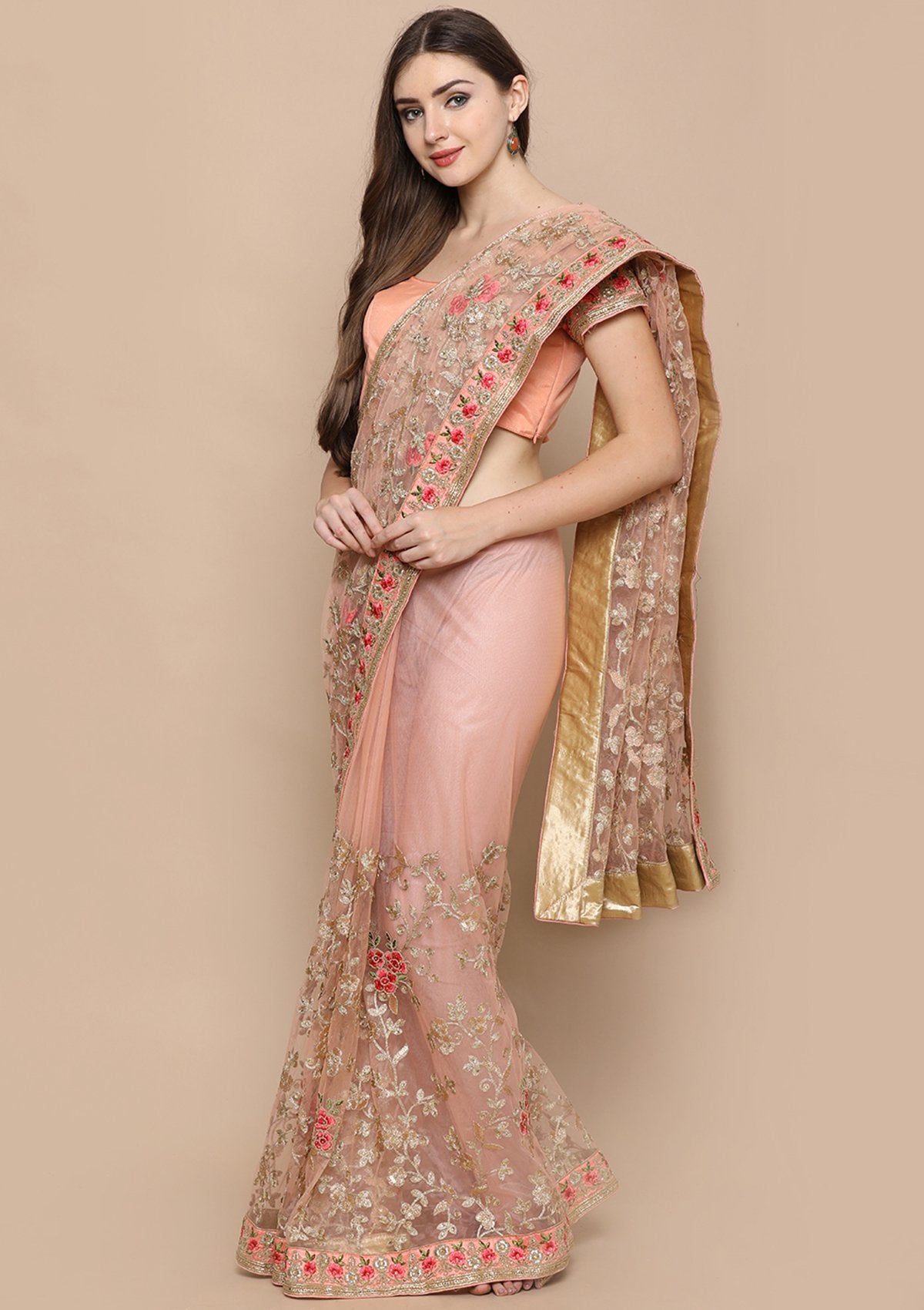 Pink Zari Work Net and Silk Designer Saree-Koskii