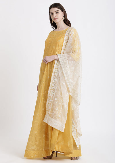 Yellow Threadwork Chanderi Designer Gown-Koskii