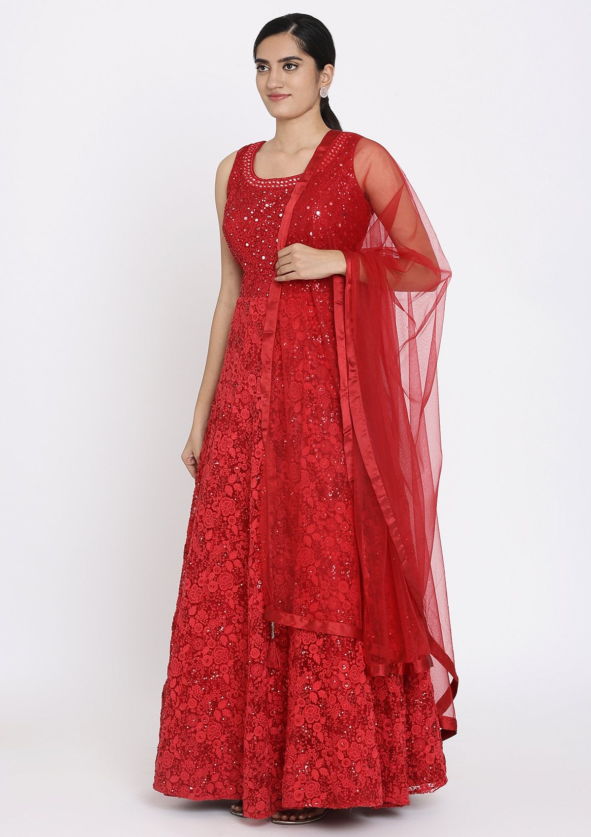 Red Chikankari Net Designer Gown - koskii