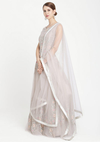 Light Grey Zariwork Net Designer Gown-Koskii