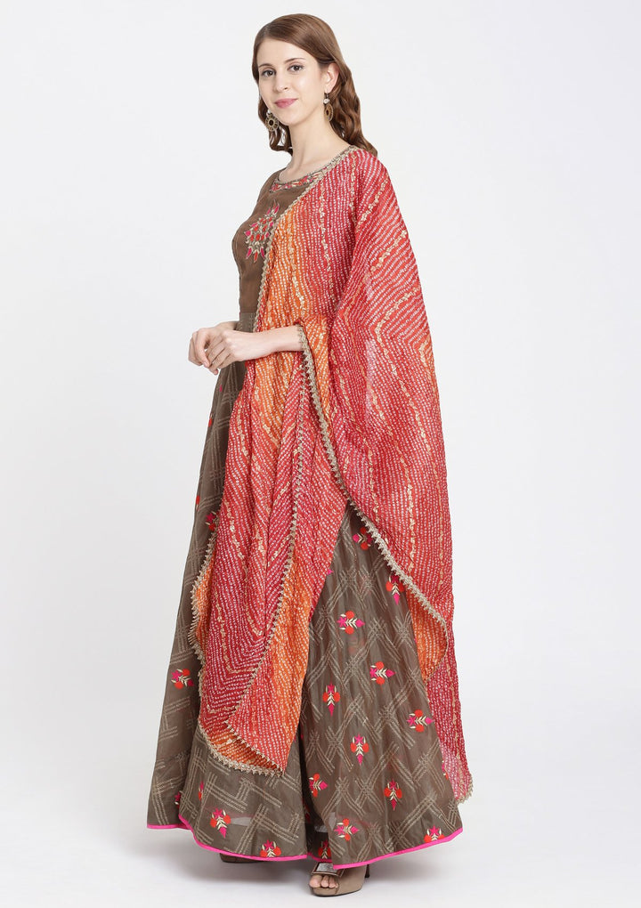 Mehendi Threadwork Banarasi Designer Gown-Koskii