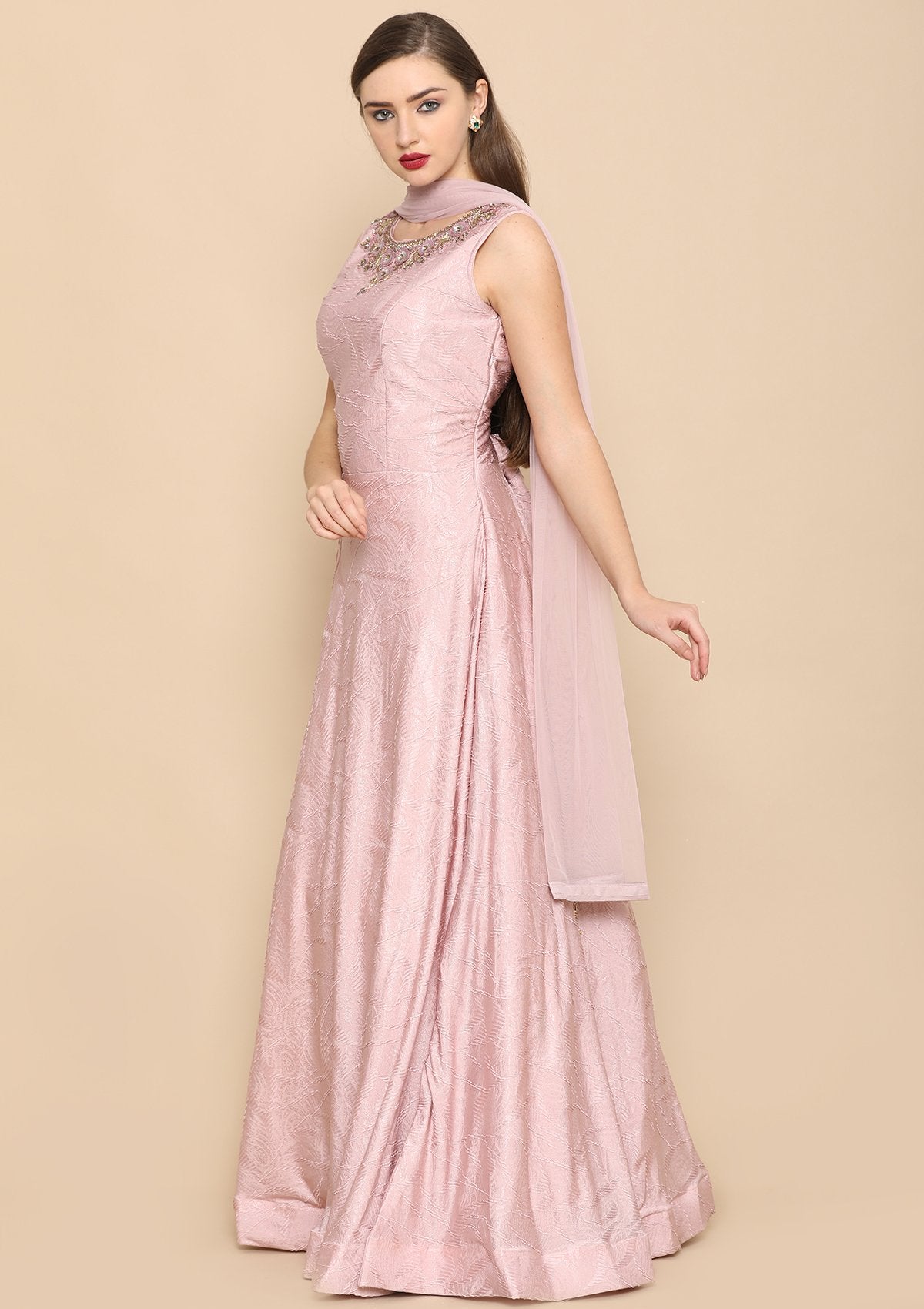 Baby Pink Thread Work Georgette Designer Gown-Koskii