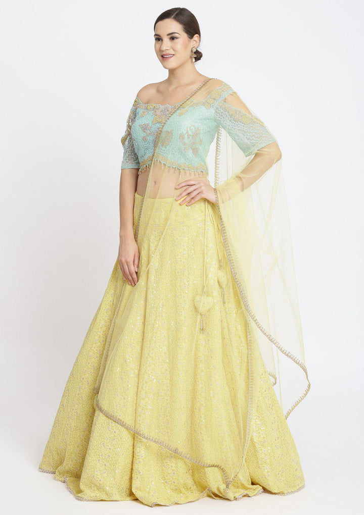 Yellow and Sea Green Chikankari Georgette Designer Lehenga-Koskii