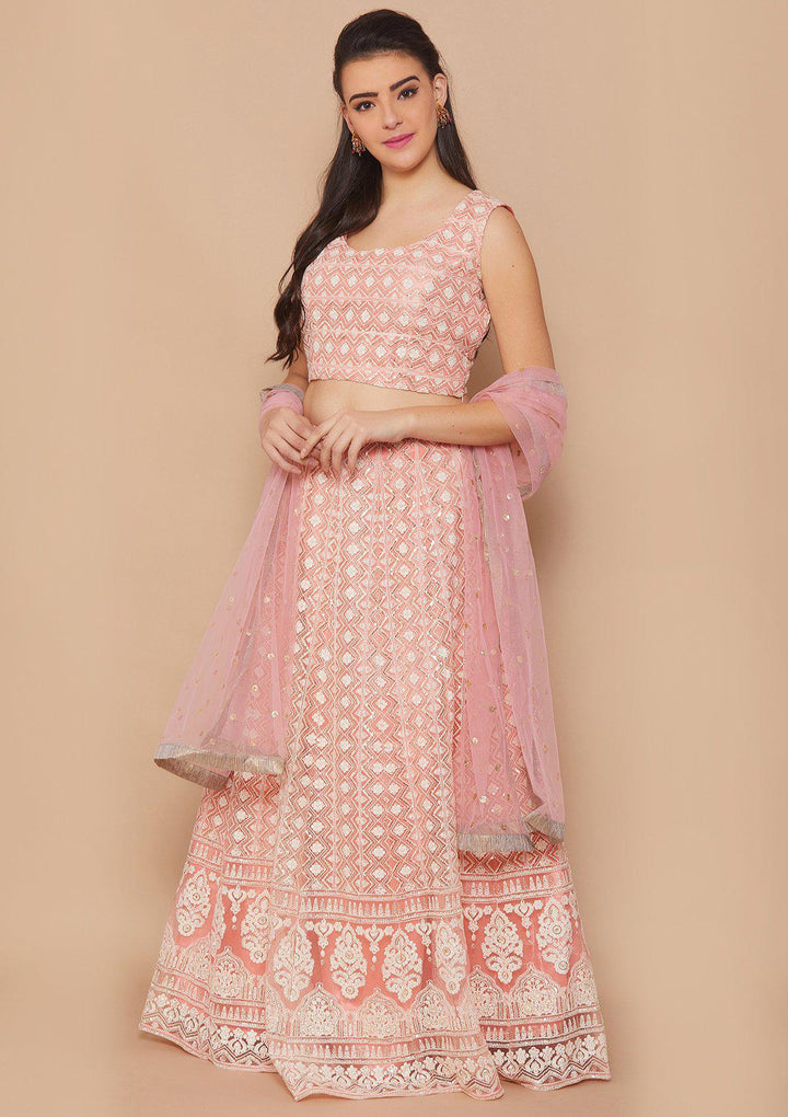 Pink Thread-Work Net Designer Lehenga-Koskii