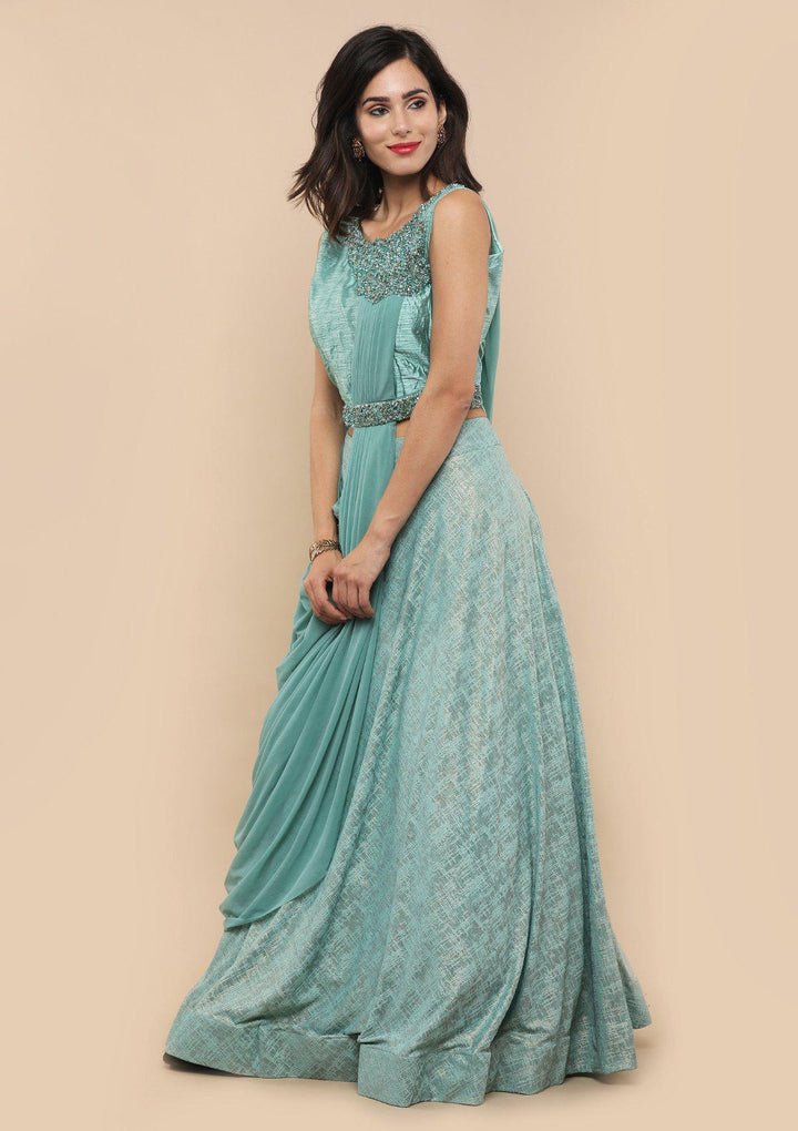 Sea Green Raw Silk Drape Designer Lehenga-Koskii