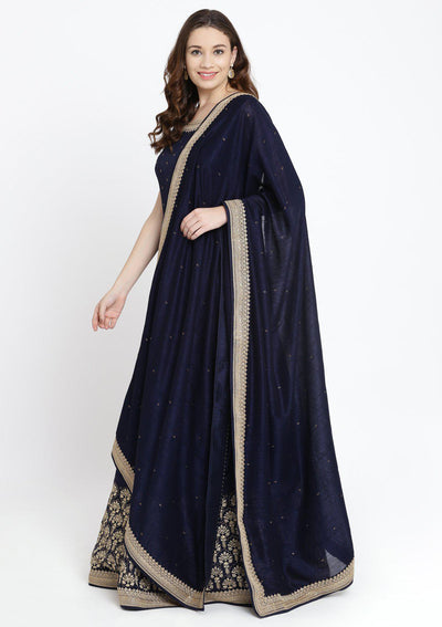 Navy Blue Zariwork Raw Silk Designer Gown-Koskii
