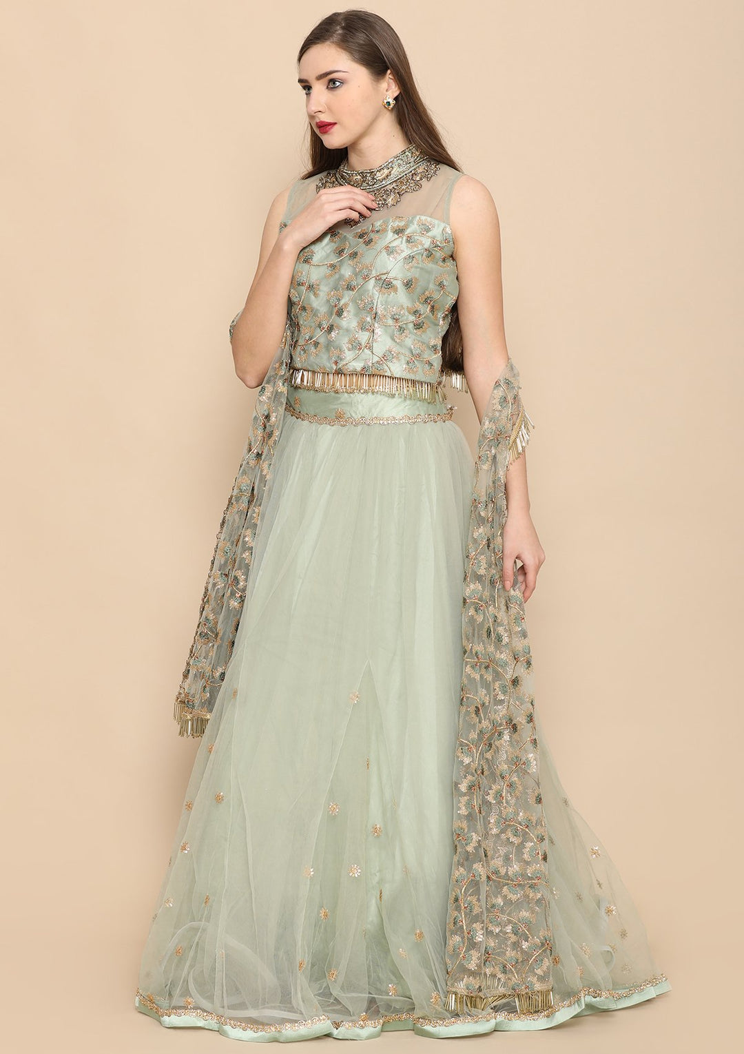 Green Zari Work Net Designer Lehenga-Koskii