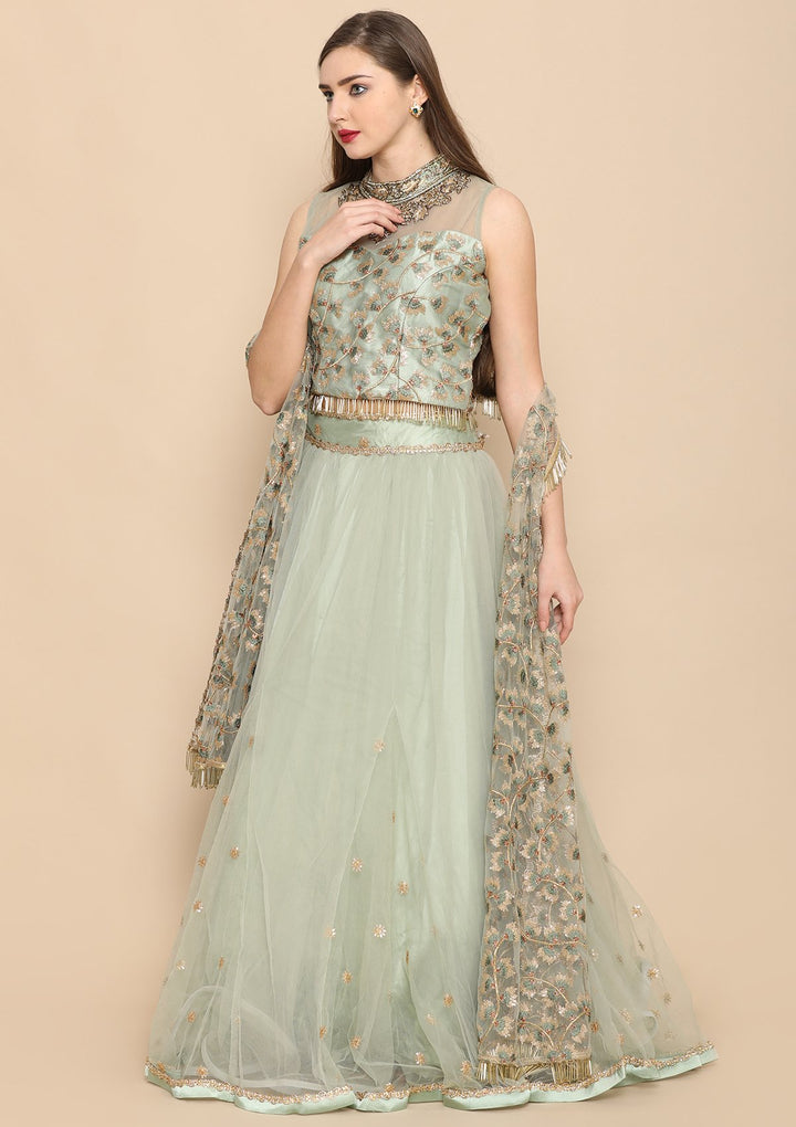 Green Zari Work Net Designer Lehenga-Koskii
