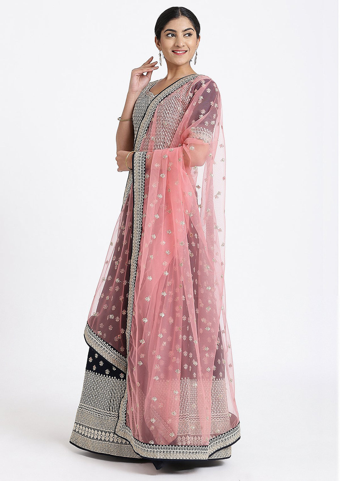 Navy Blue Zariwork Raw Silk Designer Lehenga-Koskii