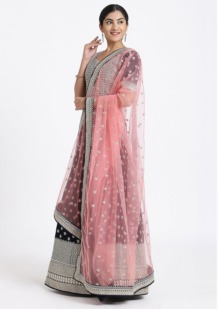 Navy Blue Zariwork Raw Silk Designer Lehenga-Koskii