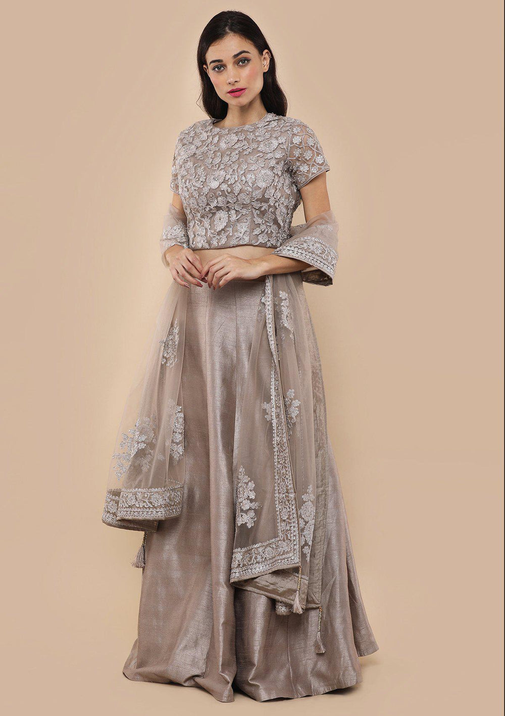 Beige Stone Work Silk Designer Lehenga-Koskii